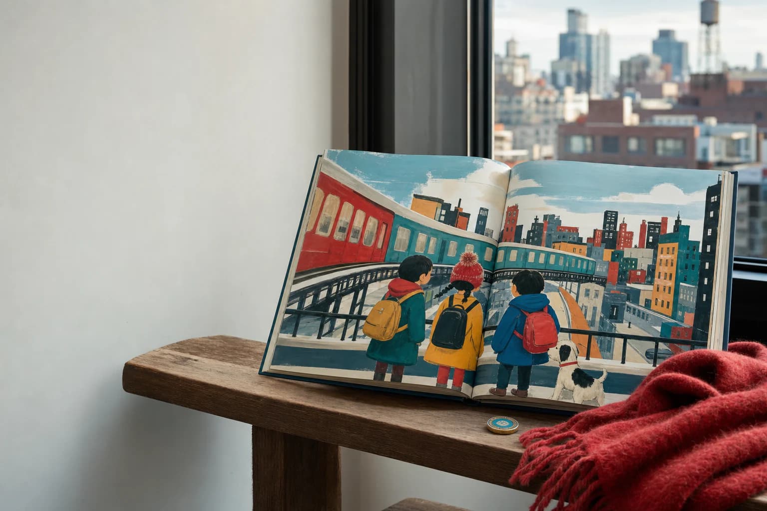 An open storybook showing three children and a dog beginning a city train adventure.
